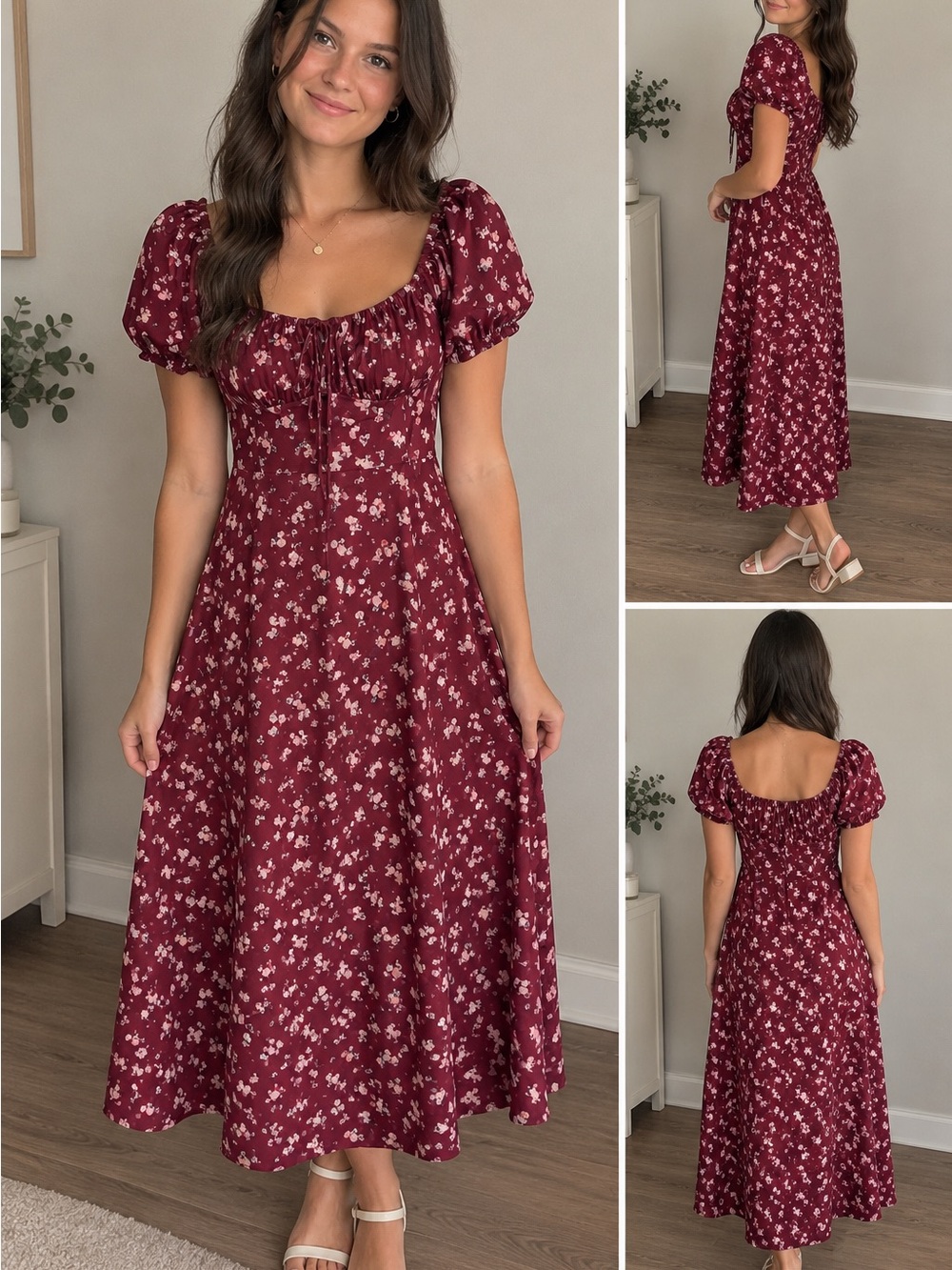RIHOAS Burgundy Floral Maxi Dress with Puff Sleeves